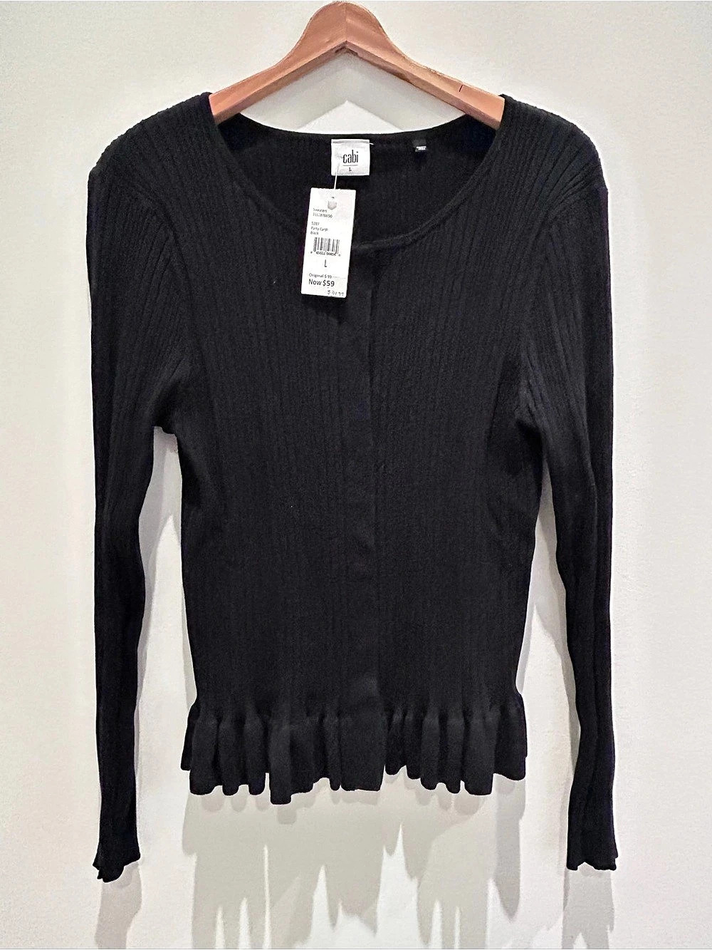cabi Party Cardi Ribbed Ruffle Hem Sweater Black Large